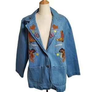 The Blue Western Country Denim Jean Embroidered Vintage Blazer Jacket